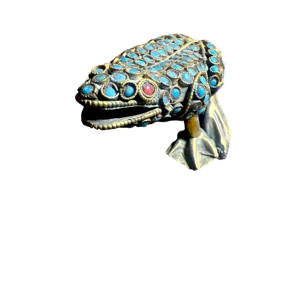 Tibetan Frog Brass Turquoise Vintage Beads Coral Eyes Inlaid  by Hand - Picture 2 of 9